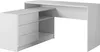 A white L-shaped desk with drawers and shelves. Produktbild-Vorschau
