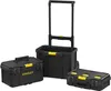 Three black toolboxes of different sizes, with yellow accents, are arranged on a white background. The largest toolbox has a retractable handle and wheels, suggesting it is a rolling toolbox. Voir les images du produit