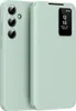 A light green flip case for a smartphone is shown, with the case open to reveal the phone's screen displaying the time and date. Náhled obrázku produktu