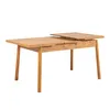 A wooden dining table with an extension leaf pulled out, shown against a white background. Produktbild-Vorschau