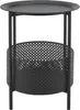 A black metal side table with a round top and a basket-like lower shelf with a perforated pattern. Produktbild-Vorschau