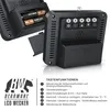 The back of a digital alarm clock is shown with battery compartment open and buttons labeled with numbers and icons. Text below explains the button functions. Podgląd zdjęcia produktu