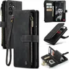 Collage of images showing a black leather wallet-style phone case for a Samsung Galaxy A34 5G, with various angles and features displayed. Produktbild-Vorschau