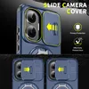 Close-up of a blue phone case with a sliding camera cover and a magnetic ring stand, with marketing text and icons. Produktbild-Vorschau
