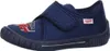 A single blue children's shoe with a red fire truck graphic on the toe. Produktbild-Vorschau