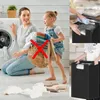 A mother and daughter are doing laundry, with the daughter holding a basket of clothes. The image also shows a black laundry basket with a shelf and a close-up of someone folding laundry. Podgląd zdjęcia produktu