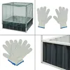 A collage of images showing a raised garden bed with a net cover, and pairs of work gloves. Produktbild-Vorschau