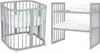 A split image showing a grey crib on the left and a grey shelf unit with white bedding on the right. Produktbild-Vorschau