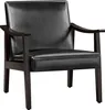 A black upholstered armchair with dark wood frame is shown against a white background.