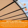 A close-up view of a beige fabric canopy supported by a black metal frame, with UV protection indicators. Produktbild-Vorschau