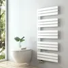 A modern bathroom setting with a wall-mounted toilet and a white designer towel radiator. Podgląd zdjęcia produktu