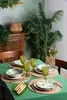 A dining table set for a meal with plates, glasses, and cutlery, surrounded by plants and a wooden cabinet. Produktbild-Vorschau
