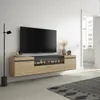 A modern living room with a wall-mounted TV and entertainment unit featuring a fireplace. Produktbild-Vorschau