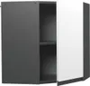 A corner wall cabinet with two doors, one open, revealing shelves inside. Náhled obrázku produktu