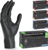 A black nitrile glove is shown next to several boxes of ARNOMED Nitril Black 200er gloves in different sizes. Produktbild-Vorschau