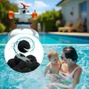 A collage showing a pool filter, charcoal filter balls, and a woman with a baby in a pool. Produktbild-Vorschau