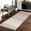 A modern living room setting with a black tufted bench, a black cabinet, and a beige runner rug with a geometric pattern. Produktbild-Vorschau