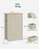 Collage showing a fabric dresser with dimensions and drawer close-ups, along with a weight capacity indicator. Náhled obrázku produktu