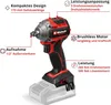 A red and black Einhell cordless impact wrench with various features highlighted by text labels. Produktbild-Vorschau
