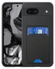 A black phone case with a card slot is shown on a phone with a black and white abstract background. Produktbild-Vorschau