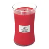 A red WoodWick candle in a glass jar with a label. Podgląd zdjęcia produktu