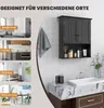 A collage of images showing a black wall cabinet in different settings like a bathroom, kitchen, entrance, and living room, with a close-up of the cabinet mounted above a sink. Podgląd zdjęcia produktu