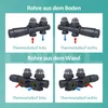 Diagrams showing how to connect a thermostat valve to pipes coming from the floor or wall, with labels indicating left and right thermostat heads. Podgląd zdjęcia produktu