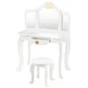 A white wooden children's vanity table with a tri-fold mirror and a matching stool, set against a white background. Podgląd zdjęcia produktu