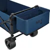 Close-up view of the side and rear of a blue foldable wagon, showing a detachable storage compartment and wheels. Voir les images du produit