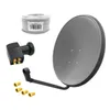 A collection of satellite dish components including a dish, LNB, cable, and connectors, arranged on a white background. Produktbild-Vorschau