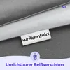 A close-up view of folded grey fabric with a brand label and a zipper icon with text. Produktbild-Vorschau