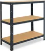 A three-tier metal shelving unit with particle board shelves, shown against a white background. Podgląd zdjęcia produktu