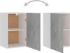 A pair of white cabinet units with gray fronts, one open to reveal shelves. Produktbild-Vorschau