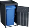 A dark grey metal bin enclosure with an open door, revealing a blue trash bin inside. The enclosure has a flat top surface and a chain connecting the bin lid to the enclosure. Produktbild-Vorschau