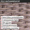 A close-up of a woven polyrattan texture with overlaid text describing its features. Produktbild-Vorschau