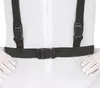 Close-up of a person wearing a white suit with black suspenders and a black belt with a buckle. Produktbild-Vorschau