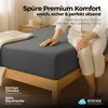 A person sitting on a bed with a dark gray fitted sheet. Anteprima dell’immagine prodotto