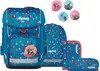A set of school supplies including a backpack, a pencil case, and a pouch, all featuring a blue background with a polka dot pattern in pink and red. Produktbild-Vorschau