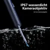 A close-up of an ear cleaning device being submerged in water, with text overlay highlighting its features. Produktbild-Vorschau