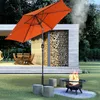 An outdoor patio scene with a fire pit, seating, and an orange umbrella. Produktbild-Vorschau