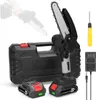 A collection of items for a mini chainsaw kit, including the chainsaw, batteries, charger, and storage case, arranged on a white background. Produktbild-Vorschau