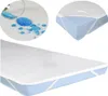 A collage of images showing a waterproof mattress protector. One image shows water droplets on the protector, demonstrating its waterproof quality. Another shows the protector fitted onto a mattress, and a third shows a close-up of the protector on a mattr Náhled obrázku produktu