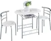 A white marble patterned dining set for two, consisting of a round table and two chairs, set against a white background.