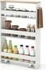 A white and natural wood slim rolling cart filled with various jars and bottles. Voir les images du produit