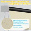 Close-up of a beige roller blind with water droplets on a magnified section, showing its water-repellent feature. Text highlights product features. Náhled obrázku produktu