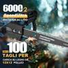 A cordless chainsaw is shown in action, cutting through wood, with sawdust flying. Podgląd zdjęcia produktu