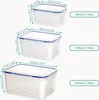 Three clear plastic food storage containers with blue lids are shown, each with dimensions and capacity labels. Produktbild-Vorschau