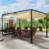 An outdoor patio with a dining set under a beige pergola. Voir les images du produit