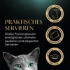 Marketing image for Sheba cat food, highlighting practical serving features with icons and text. Produktbild-Vorschau
