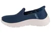 A side view of a blue Skechers slip-on sneaker with a white sole against a white background. Produktbild-Vorschau